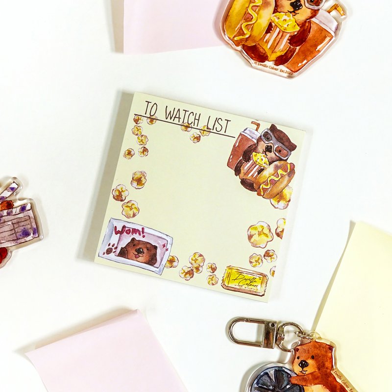 【Wom!袋熊看電影 To Watch List】水彩插畫 便條紙 不黏 Memo紙 - 便條紙/便利貼 - 紙 黃色