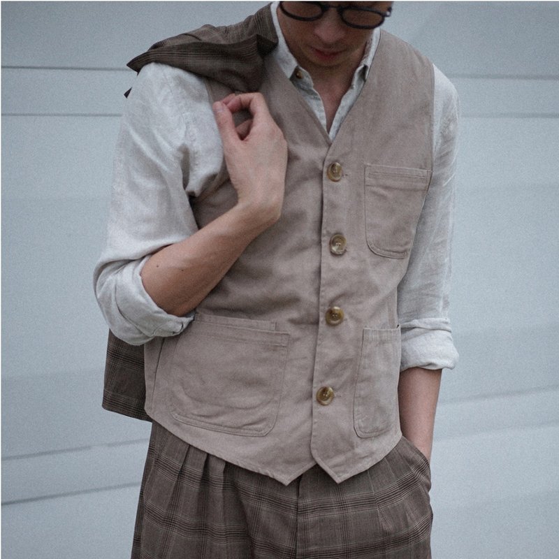 Twilled Fabric Vest Tooling Loose Japanese Simple Twill Vest - Men's Tank Tops & Vests - Cotton & Hemp 