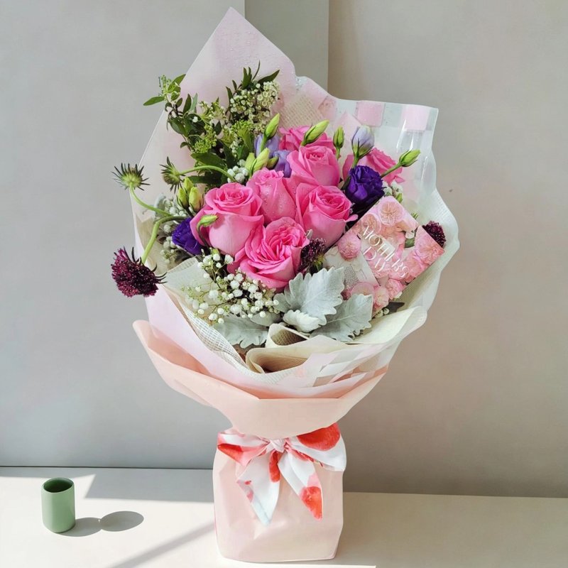 鮮花花束 (粉玫瑰9支、滿天星、桔梗、蟲蟲草、小繡球、銀葉菊) - 植物/盆栽/盆景 - 植物．花 