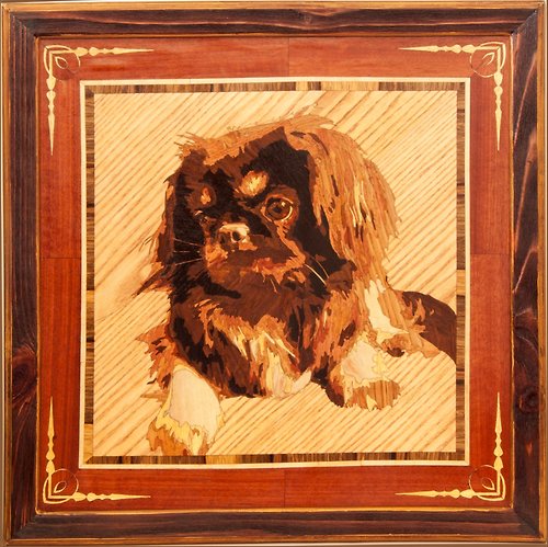 Woodins Pekingese Dog portrait inlay framed mosaic wood panel ready to hang home wall