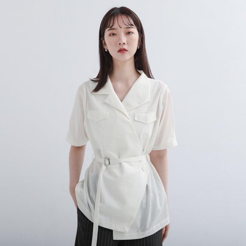 Jiegou_解構不對稱西裝上衣_22SF004_白格 - 女上衣/長袖上衣 - 聚酯纖維 白色
