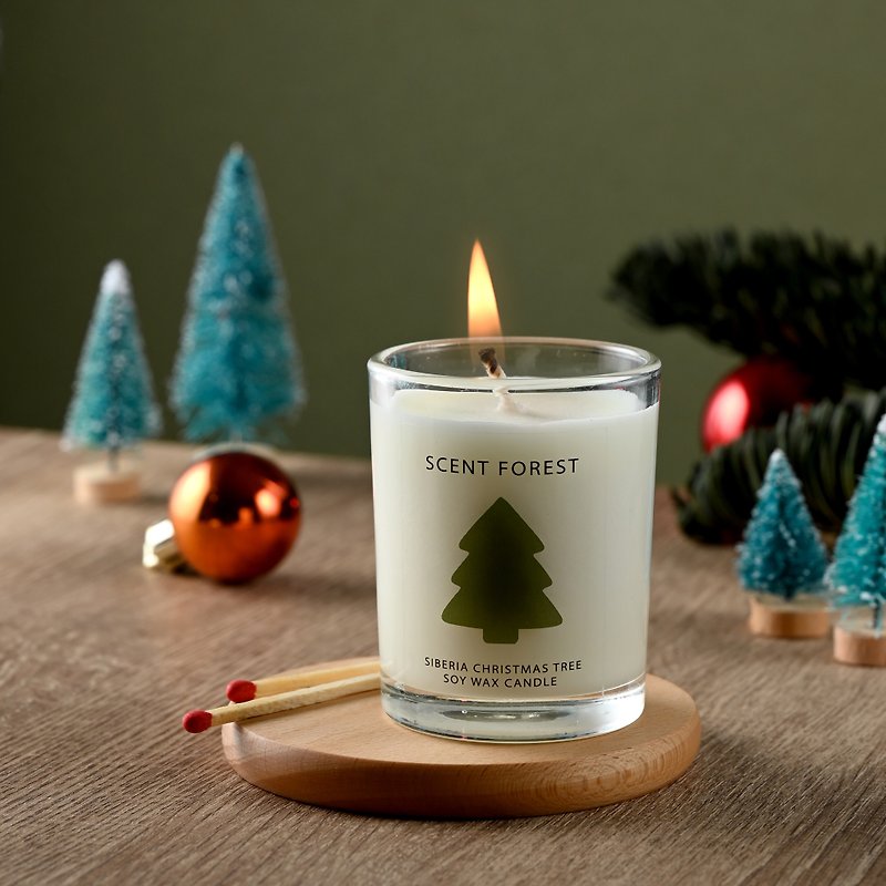 【聖誕禮物】天然精油大豆蠟燭 - 西伯利亞聖誕樹  交換禮物 - 香氛蠟燭/燭台 - 玻璃 綠色
