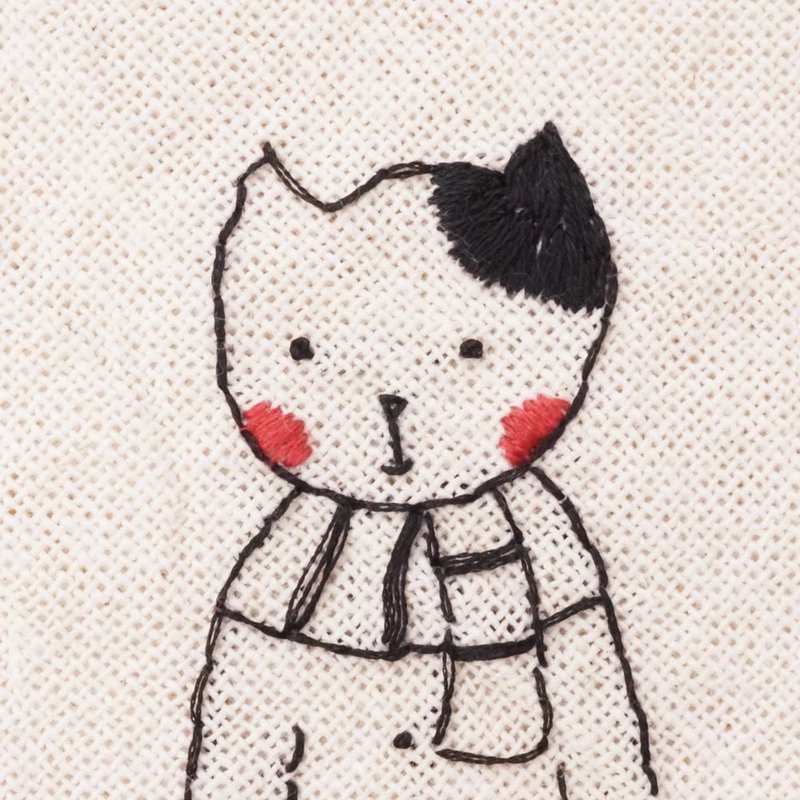 純手工刺繡方巾、手帕-條紋圍巾男孩羞羞貓 - 手帕 - 棉．麻 
