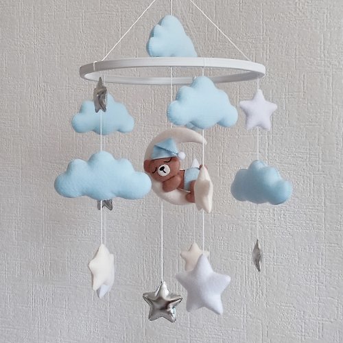 Felt Dreams Designs Bear baby crib mobile boy, Moon and stars nursery decor, baby shower gift