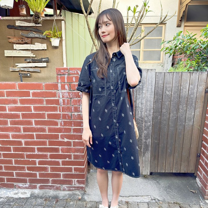 Hana Mokuba shirt-style all-over printed Japanese casual dress - ชุดเดรส - วัสดุอื่นๆ 