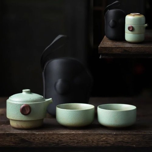哎喔生活雜良 品藏 尚巖粗陶默然茶藝便攜式旅行茶具組-一壺兩杯
