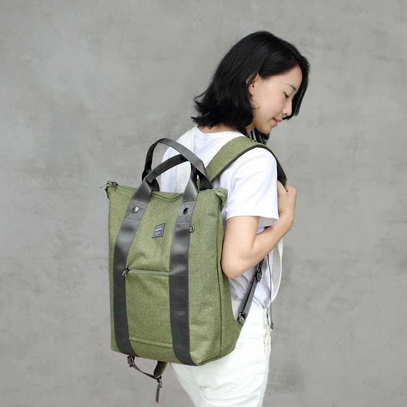 Double strap portable backpack - green _100454 - กระเป๋าเป้สะพายหลัง - ผ้าฝ้าย/ผ้าลินิน สีเขียว