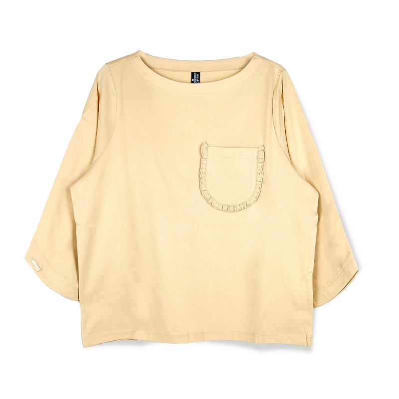 Boat collar mercerized cotton three-quarter sleeve pocket T-shirt (Khaki) - Women's Tops - Cotton & Hemp Khaki