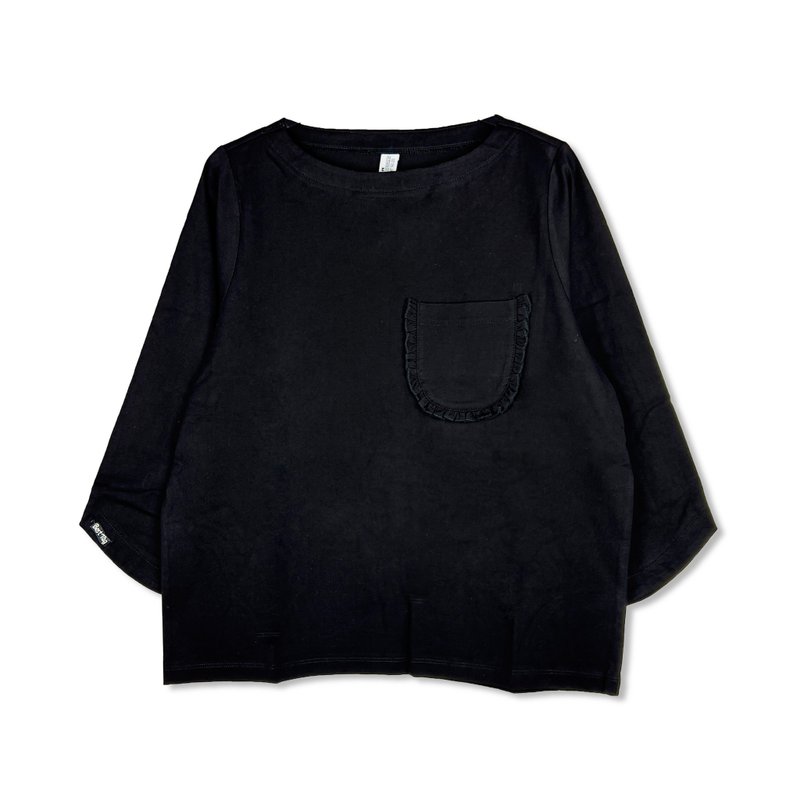 Bast Tag Boat Neck Mercerized Cotton 3/4 Sleeve Pocket T-Shirt (Black) - Women's Tops - Cotton & Hemp Black