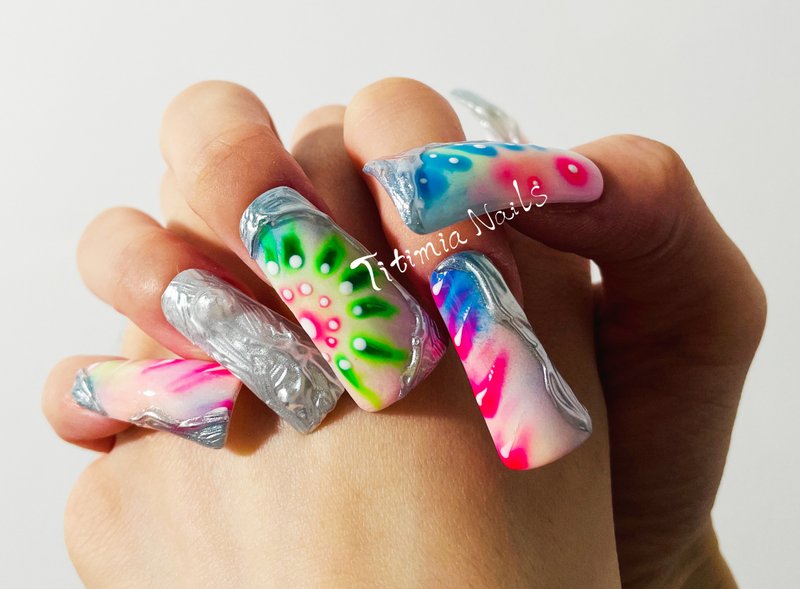 Freestyle Rainbow Tone Press On Nails, Halloween Fake Nails, Edgy Chrome Nails - ยาทาเล็บ - พลาสติก หลากหลายสี