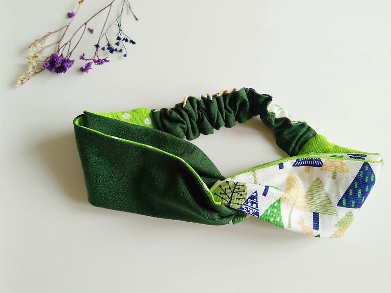 Forest and grass / day and flower double-sided headband - Hair Accessories - Cotton & Hemp Green