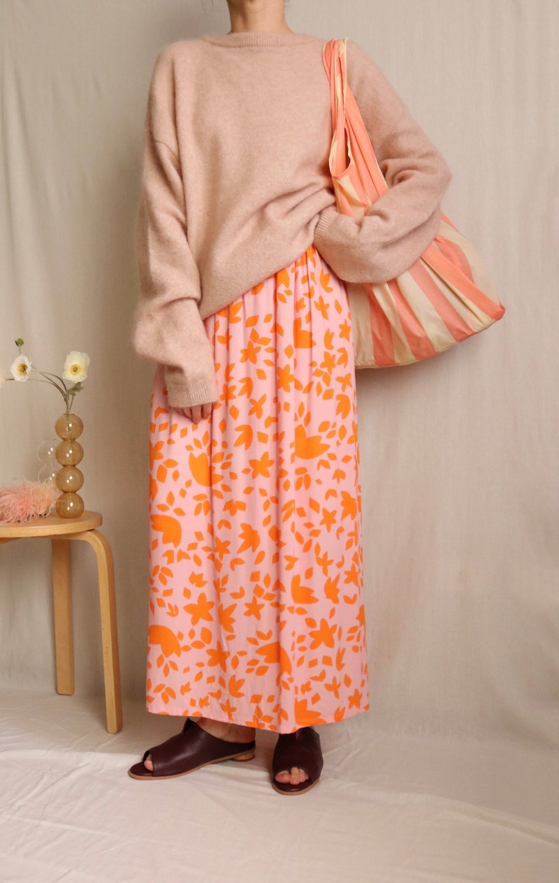 Lila Skirt Brutalist bright pink orange floral print georgette cotton narrow A long skirt available now - กระโปรง - ผ้าฝ้าย/ผ้าลินิน สึชมพู