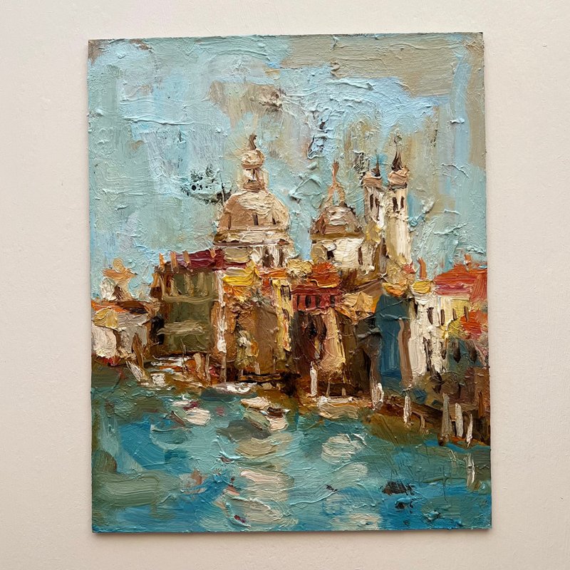 Venice Original Painting Seascape Art Boats Painting Italy Painting Impasto - ตกแต่งผนัง - วัสดุอื่นๆ สีน้ำเงิน