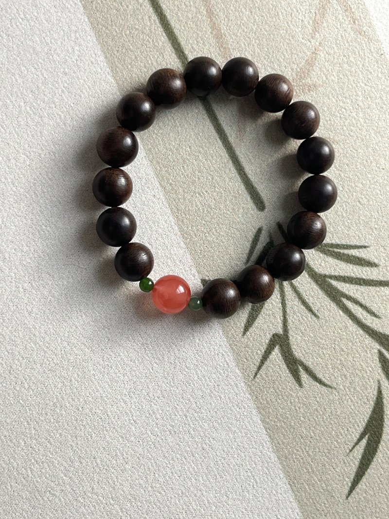12mm天然沈香珠/沈香珠 南紅碧玉設計單圈手串s - 手鍊/手環 - 木頭 咖啡色