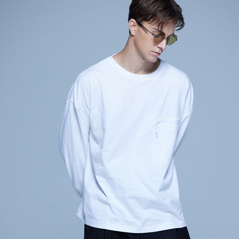 Stone As Relax Fit Long Sleeves Tee / 羅馬布圓領口袋T-shirt - 男 T 恤 - 棉．麻 白色