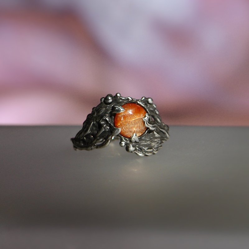 純銀女士每天佩戴天然太陽石的訂婚戒指 - 戒指 - 銀 橘色