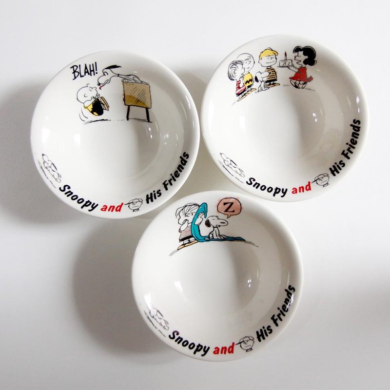 [New Year's Eve/Gift/Free Shipping/Special Offer] SNOOPY Snoopy-3 Deep Bowls (16cm) - จานและถาด - ดินเผา ขาว