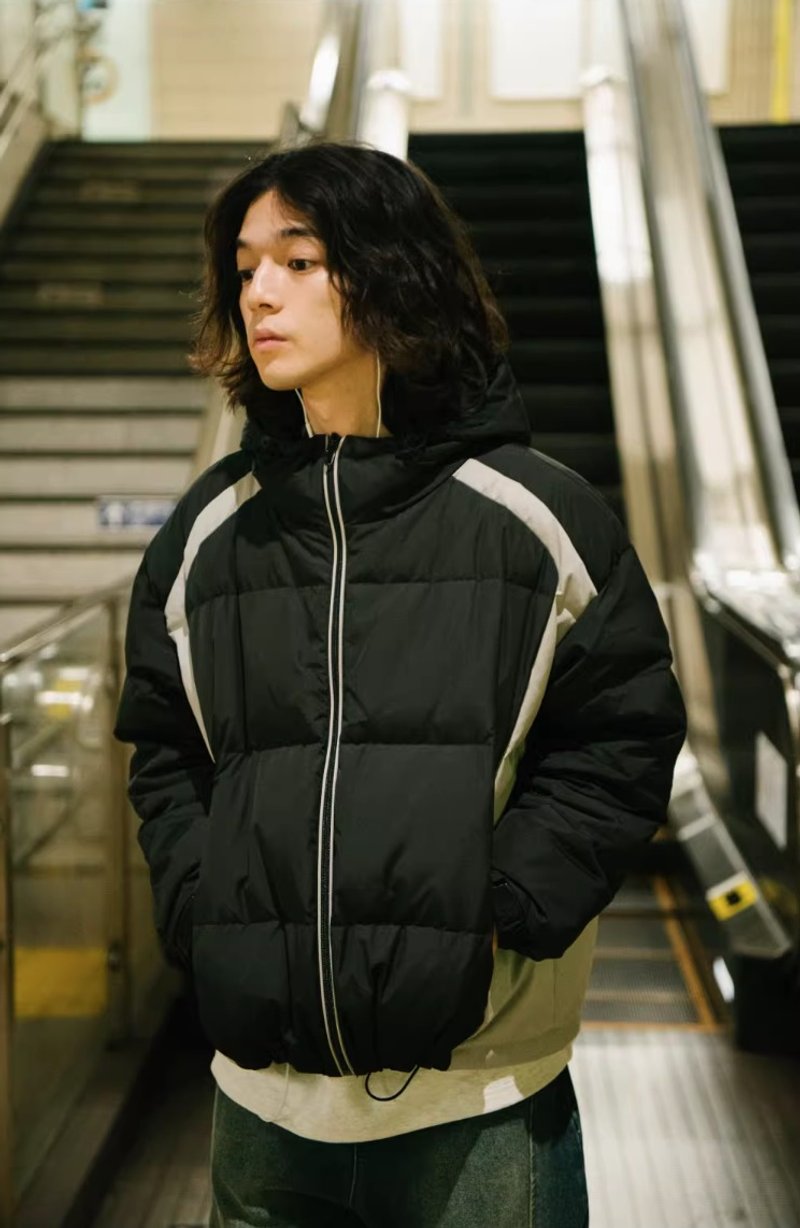 搖滾青年 日系復古夾克外套 撞色連帽棉衣 - 男夾克/外套 - 其他材質 黑色