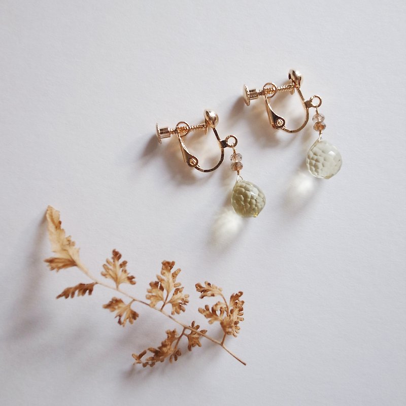 14KGF beryl × lemon crystal autumn natural stone earrings ear clip models - Earrings & Clip-ons - Gemstone Brown