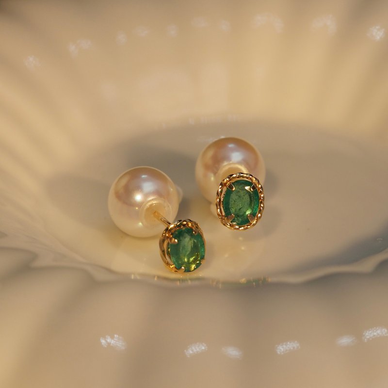 18K Gold Akoya Pearl with Emeral Oval Earrings (Two-ways) - Earrings & Clip-ons - Precious Metals 