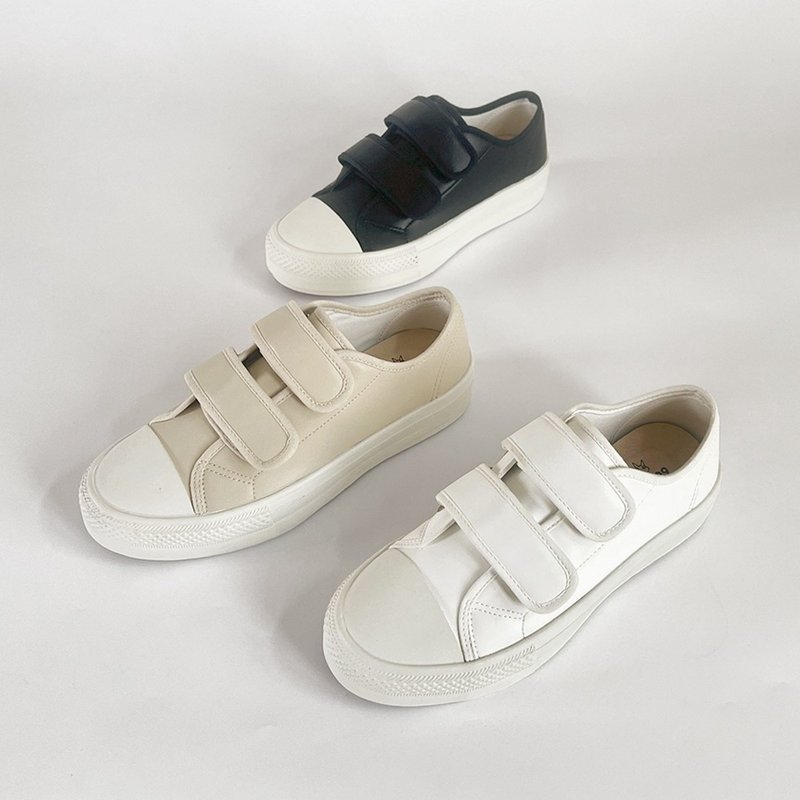 (Wide Toe Box) 3 Colors Classic Simple Solid Leather Laceless Hook-and-Loop Thick Sole Casual Shoes Slip-ons - รองเท้าลำลองผู้หญิง - หนังเทียม สีดำ