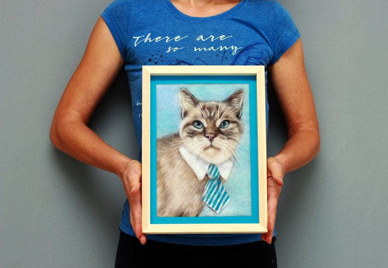 Realistic Felted cat portrait from photo,Christmas Gift Wrapping,Customized gift - ภาพวาดบุคคล - ขนแกะ สีกากี