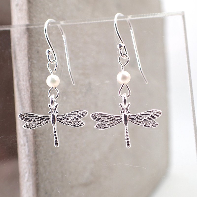 Dragon Fly Silver 925 & Fresh Water Pearl Earrings - Earrings & Clip-ons - Sterling Silver Silver