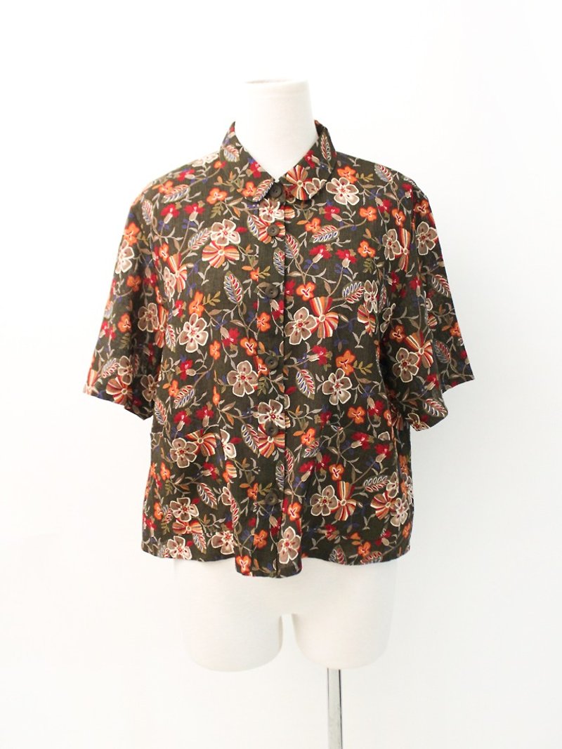 Retro Japanese Brown Brown Flowers Short Sleeve Vintage Shirt Vintage Blouse - Women's Shirts - Polyester Brown