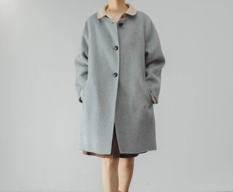 French retro girl's light blue and gray round neck wool handmade double-sided coat - เสื้อสูท/เสื้อคลุมยาว - ขนแกะ สีน้ำเงิน