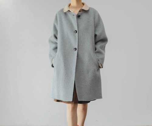 三良洋貨 法式復古 少女淺藍灰圓領羊毛手工雙面呢大衣外套