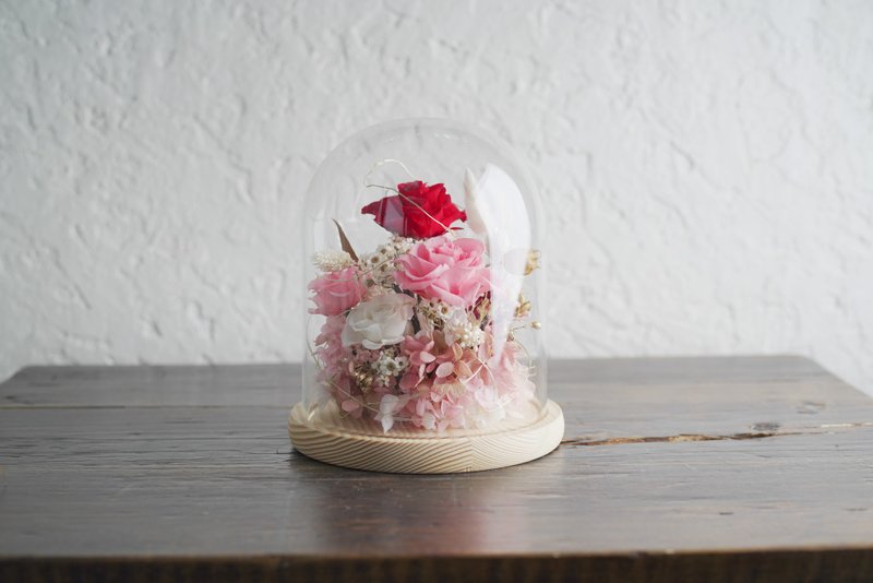 Japanese Preserved Flower Glass Bell Jar - With String Lights - Plants & Floral Arrangement - Plants & Flowers Red