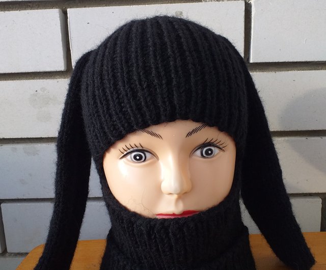 バニーの耳が付いた黒いバラクラバ、手編みのウール - ショップ Custom knitted clothing from Olga 帽子 -  Pinkoi