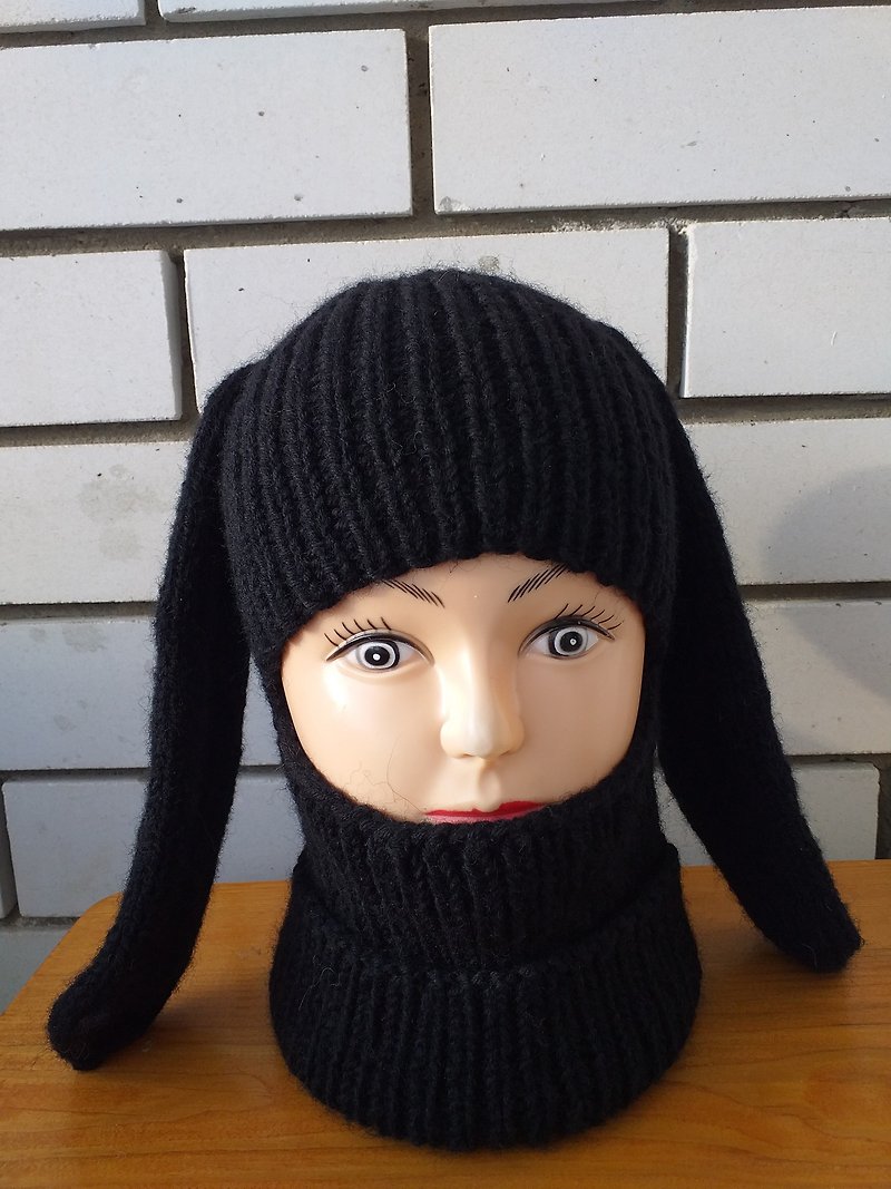 Black balaclava with bunny ears, hand-knitted wool - Hats & Caps - Wool Black