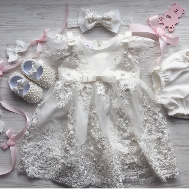 Ivory dress with pearl, headband, panties and shoes for baby girl - ชุดเด็ก - วัสดุอื่นๆ 