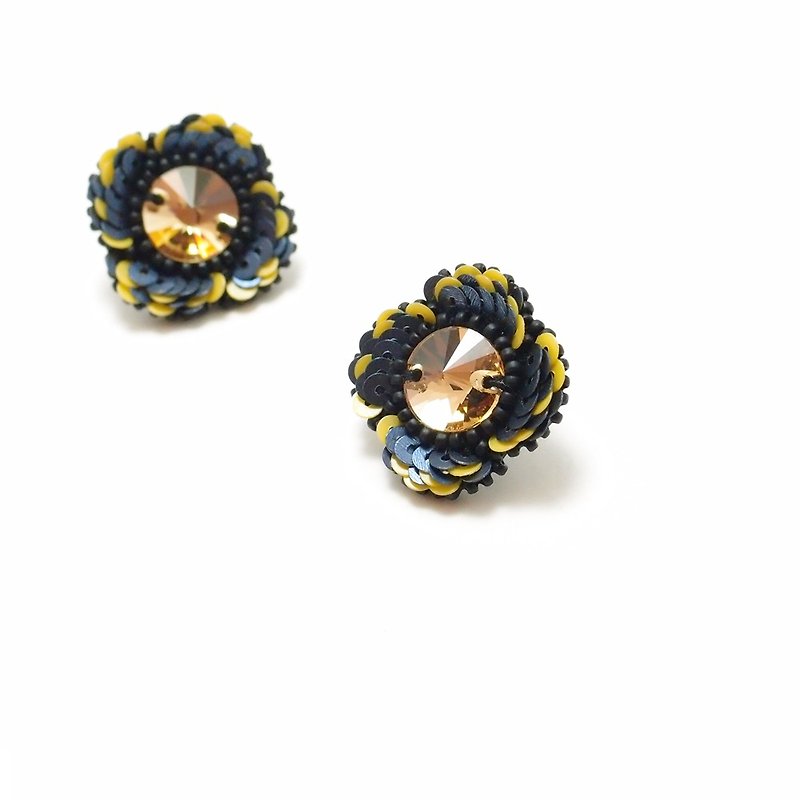Flower Embroidery Earrings / Blue & Yellow - Earrings & Clip-ons - Crystal Blue