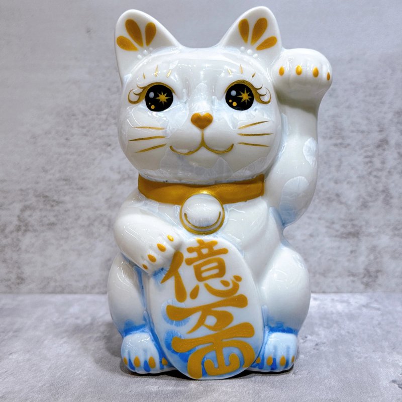【京藝招福】日本清水燒招財貓 | 花結晶 青白 億万両 左 - 擺飾/家飾品 - 瓷 白色