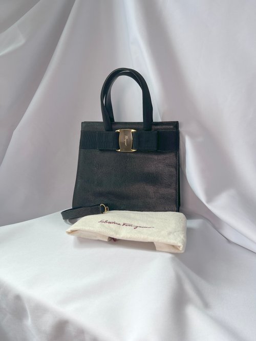 RARE TO GO VINTAGE 日出中古【品牌中古包手飾選品店】 FERRAGAMO Vara Bow Logo Lizard Leather Bag 手提袋/側肩包