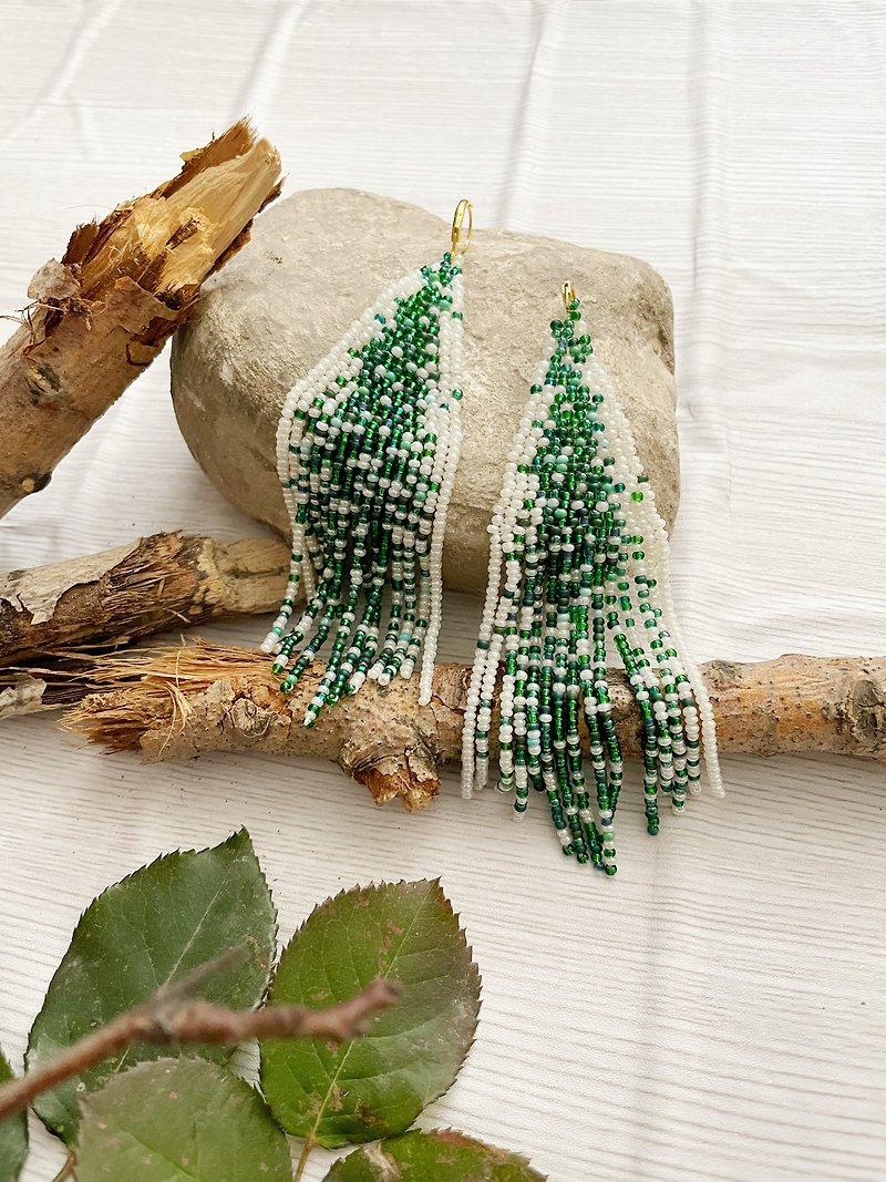 长串珠耳环绿色耳环婚礼耳环, Long Beaded Earrings Green Earrings Wedding Earrings - Earrings & Clip-ons - Other Materials Green