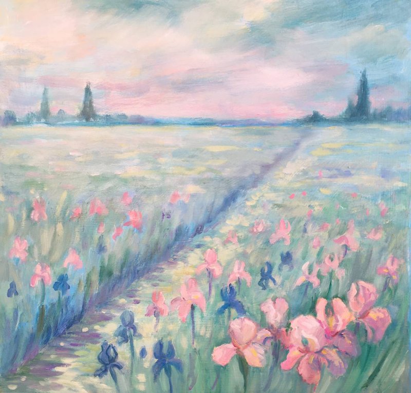 landscape Painting field Irises Flower Iris Van Gogh Original Floral - Wall Décor - Other Materials Pink