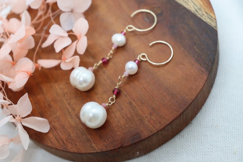 14KGF) Pink Tourmaline & Pearls Drop Earrings Elegant Jewelry Handcrafted Pearl - 耳環/耳夾/耳骨夾 - 珍珠 粉紅色