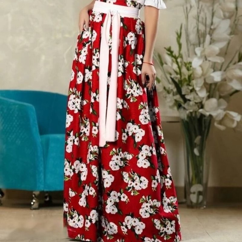 Red  Linen Flowered Bright Eye-Catching and Breathtaking Floor-Length Skirt - Skirts - Linen Multicolor