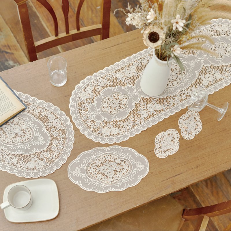 【Gift】Classic Rose Gauze Embroidery Lace Table Mat - Milk Tea Champagne Silver Onion (Deluxe Edition 12-piece set) - Items for Display - Thread Multicolor