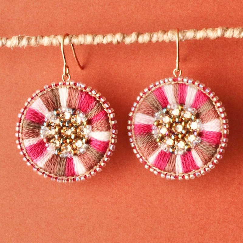 Embroidered fireworks earrings with peony and hypoallergenic metal fittings - Earrings & Clip-ons - Thread Multicolor