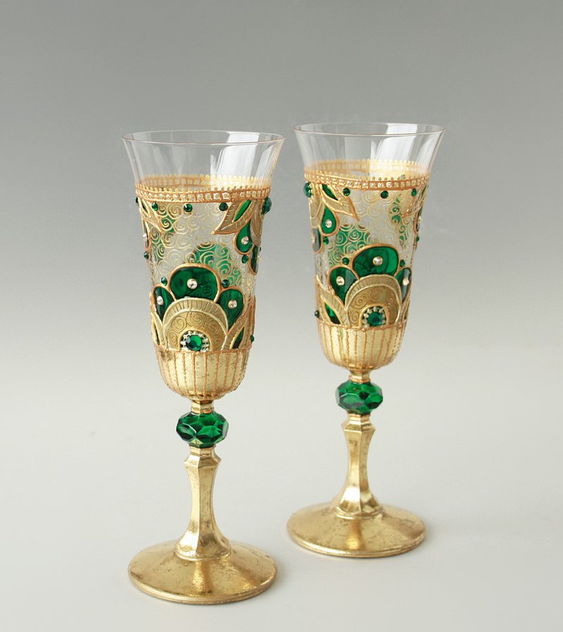 Emerald Gold Royal Champagne Wine Glasses Swarovski Hand-painted set of 2 - แก้วไวน์ - แก้ว สีเขียว