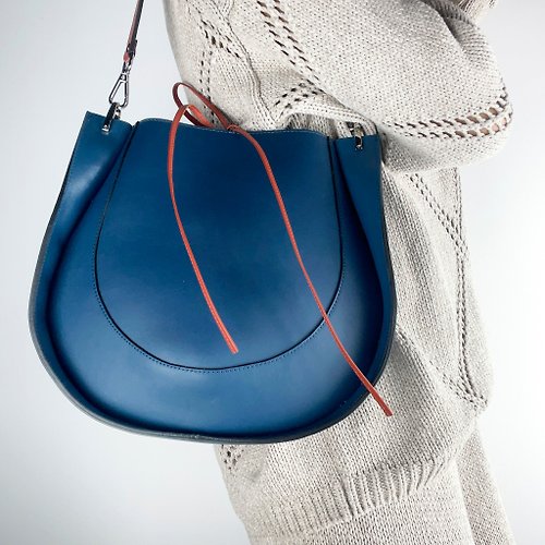 Lamponi Large Leather Bag, Crossbody Bag, Blue Saddle Bags Woman, Unique Leather Handbag