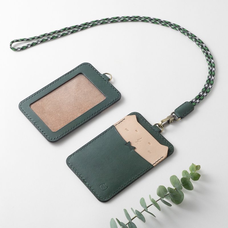 Leather identification document holder - Cat Friend Series [Uncle Cat] - Original design - Fully handmade vegetable tanned leather - ID & Badge Holders - Genuine Leather Green