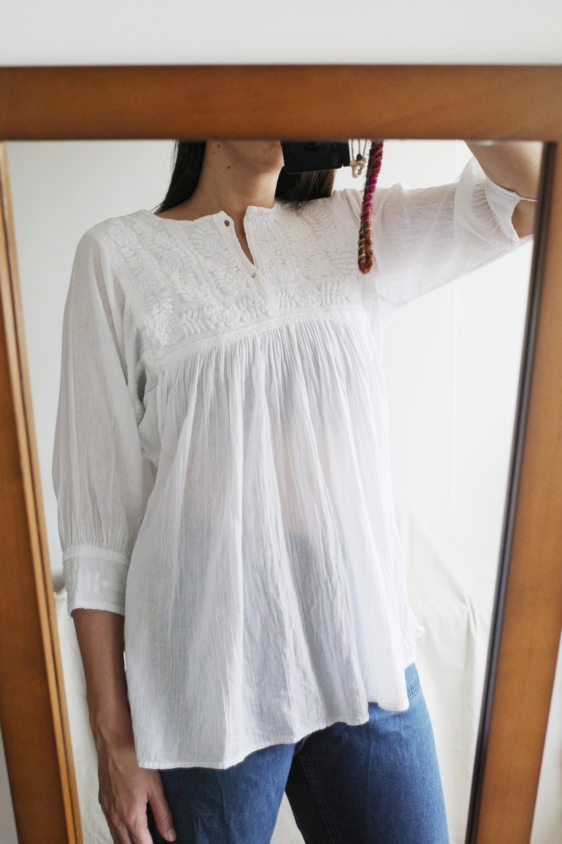 Vintage 墨西哥純白手工花朵刺繡Chiapas上衣 - 女上衣/長袖上衣 - 棉．麻 