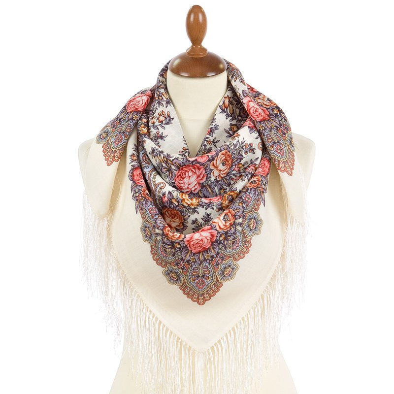 Authentic Pavlovo Posad Russian Shawl Scarf Soft 100% Wool 89x89 cm 1960-3 - 絲巾 - 羊毛 白色