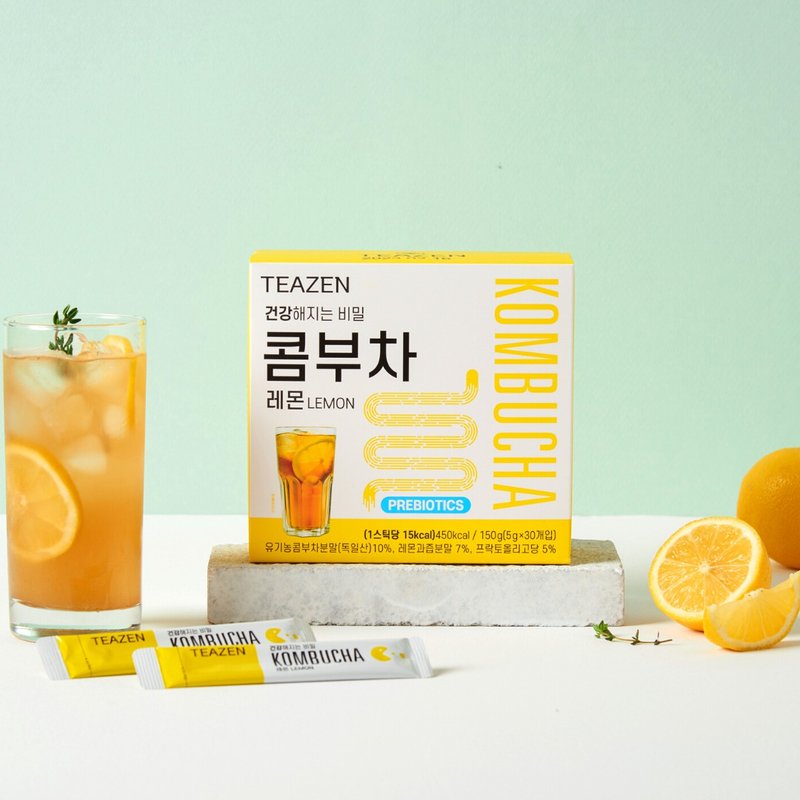 Teazen - Probiotic Kombucha - Lemon Flavor 30 Packets | Detoxification | Sugar Free Low Calorie - อาหารเสริมและผลิตภัณฑ์สุขภาพ - สารสกัดไม้ก๊อก 