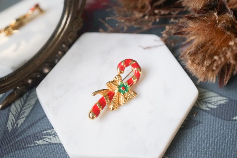 [Old Jewelry/Western Old Pieces] VINTAGE AAi Candy Cane Christmas Vintage Brooch - Brooches - Other Metals Gold